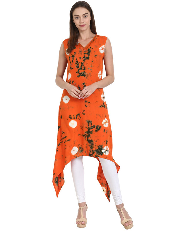 Women orange printed sleeveless rayon assymetric kurta | NOZ2TOZ - Made In INDIA.