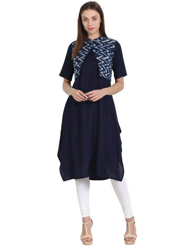 Women Blue Sleevless Rayon Kurta with printed Cotton half sleeve jacket | NOZ2TOZ - Made In INDIA.