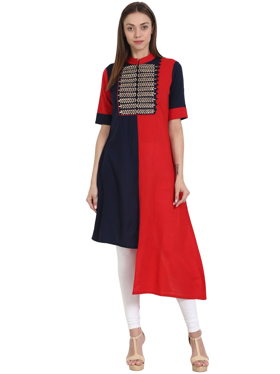 Women Red & Blue half sleeve cotton & Rayon kurta with embroidery work at yoke | NOZ2TOZ - Made In INDIA.