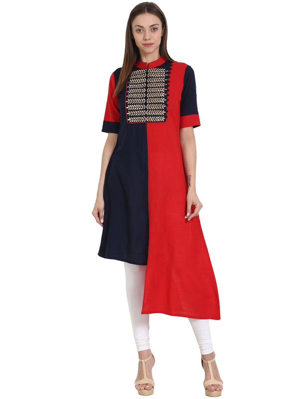 Women Red & Blue half sleeve cotton & Rayon kurta with embroidery work at yoke | NOZ2TOZ - Made In INDIA.