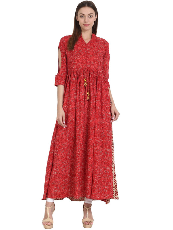 Women Red printed 3/4 sleeve cotton anarkali kurta | NOZ2TOZ - Made In INDIA.