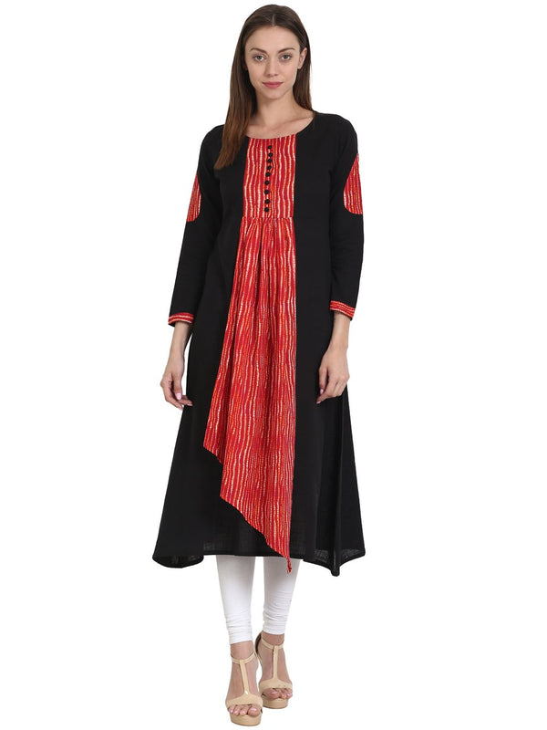 Black & red 3/4 sleeve cotton slub anarkali kurta | NOZ2TOZ - Made In INDIA.