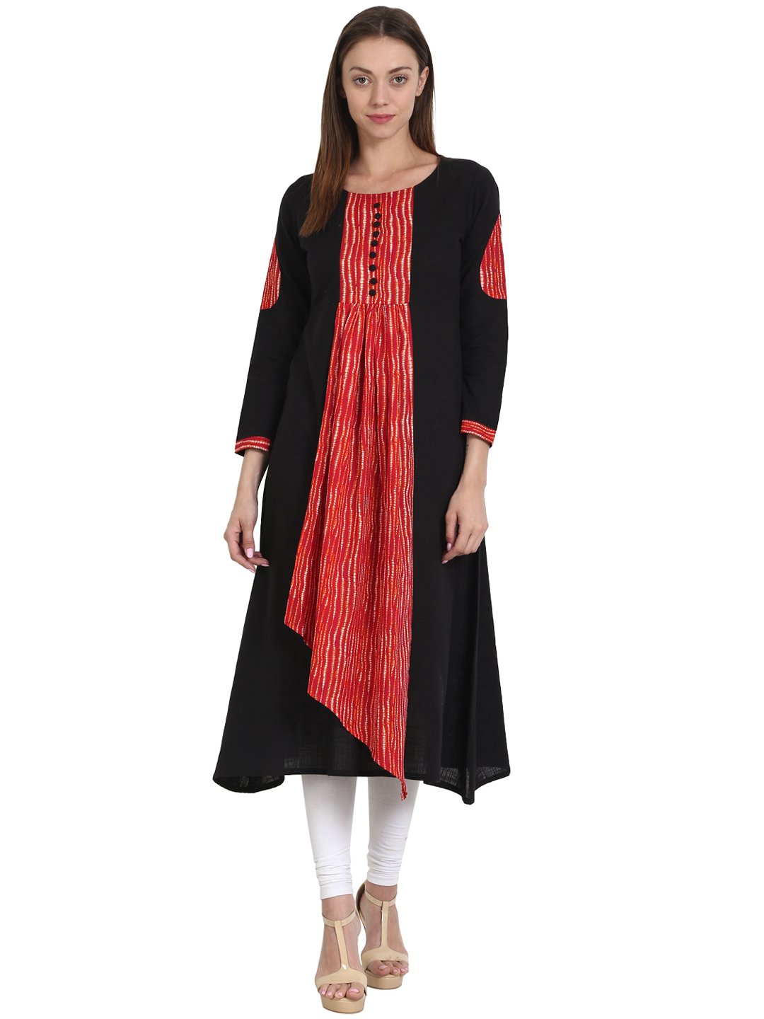 Women Black & red 3/4 sleeve cotton slub anarkali kurta | NOZ2TOZ - Made In INDIA.