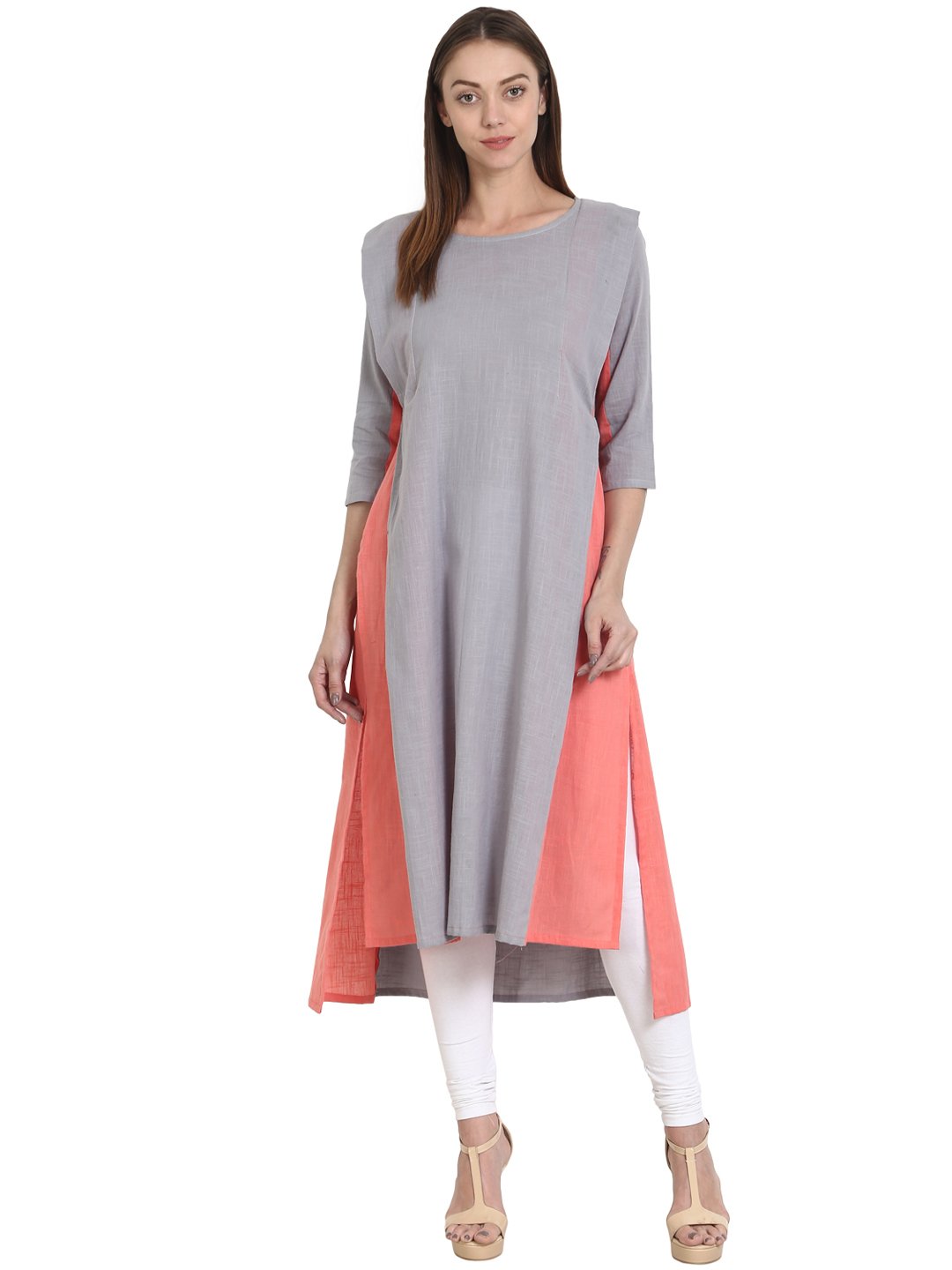 Grey & Peach 3/4 sleeve cotton slub low high kurta | NOZ2TOZ - Made In INDIA.