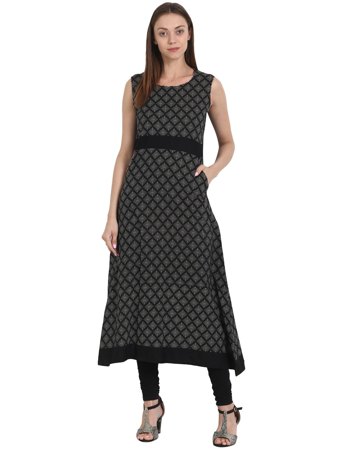 Women Black printed sleevless A-line cotton kurta with side pocket | NOZ2TOZ - Made In INDIA.