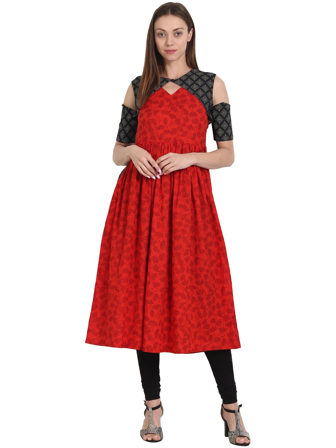 Women Red printed half sleeve cotton anarkali kurta | NOZ2TOZ - Made In INDIA.