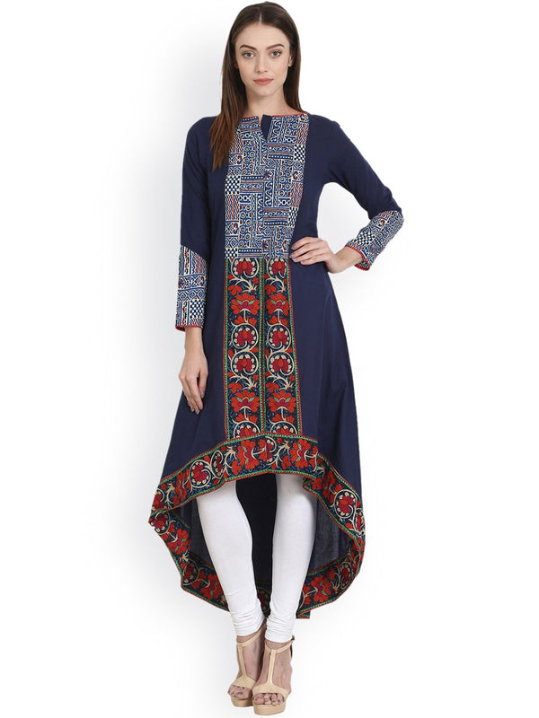 Blue printed 3/4 sleeve low high A-line kurta | NOZ2TOZ - Made In INDIA.