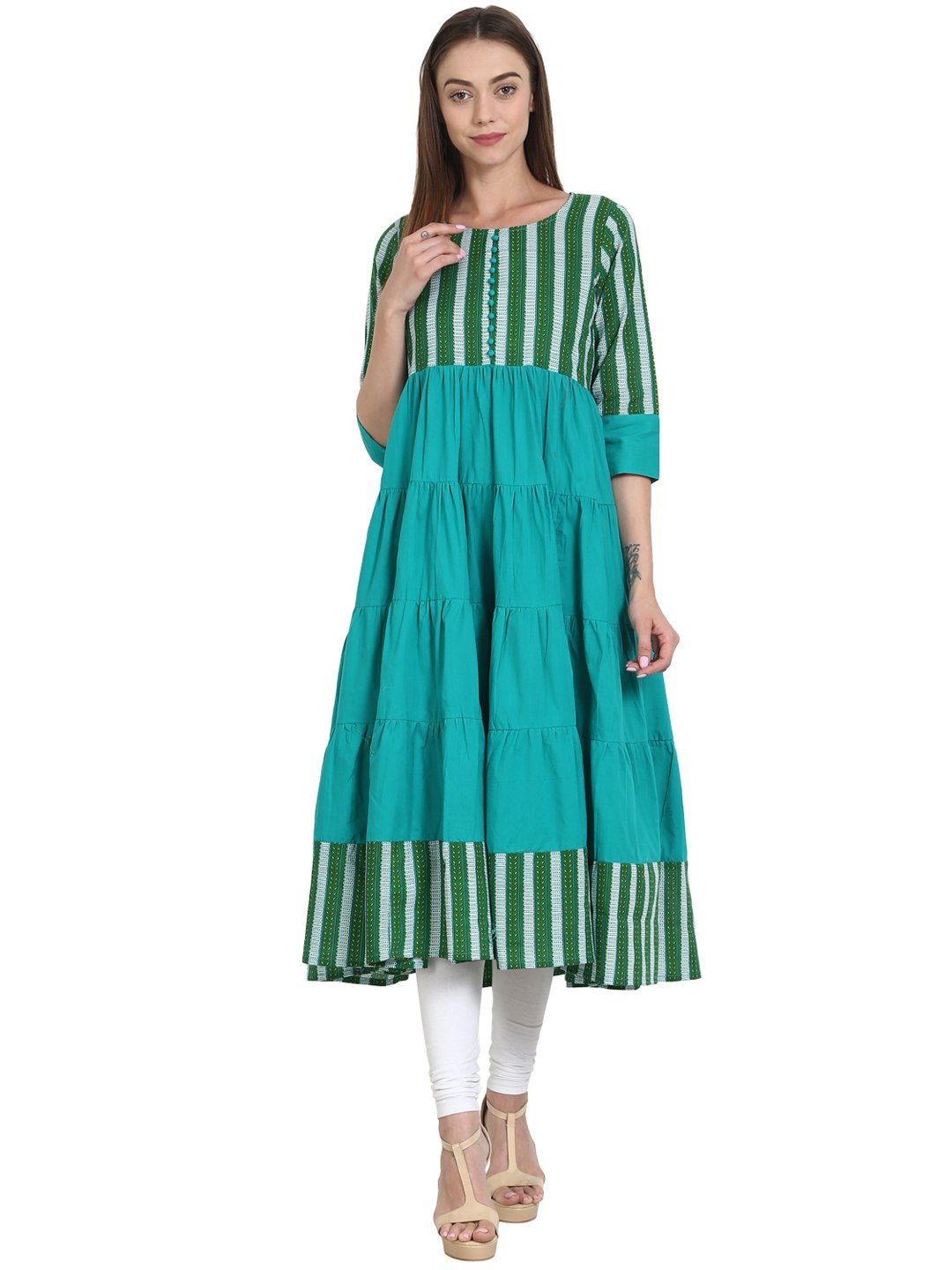 Blue & Green printed 3/4 sleeve cotton tiered anarkali kurta | NOZ2TOZ - Made In INDIA.