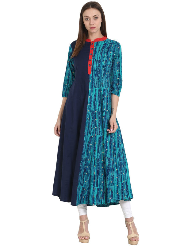 Blue printed 3/4 sleeve cotton flared kurta | NOZ2TOZ - Made In INDIA.