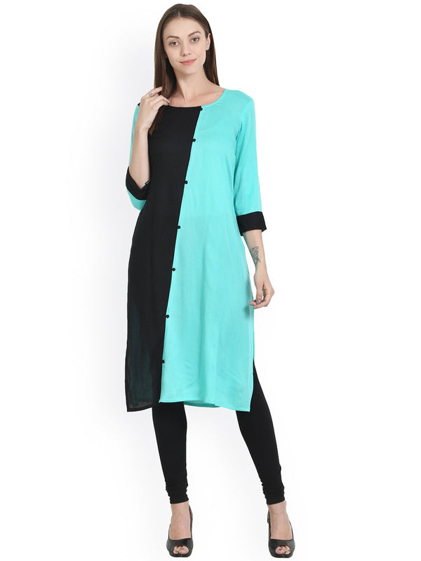 Aqua & black 3/4 sleeve rayon kurta | NOZ2TOZ - Made In INDIA.