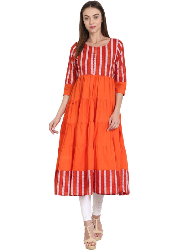 Women Orange & Red printed 3/4 sleeve cotton tiered anarkali kurta | NOZ2TOZ - Made In INDIA.