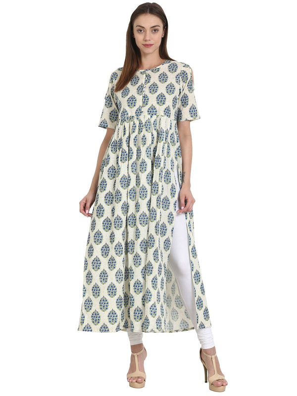 Blue & off white printed half sleeve flared cotton kurta | NOZ2TOZ - Made In INDIA.