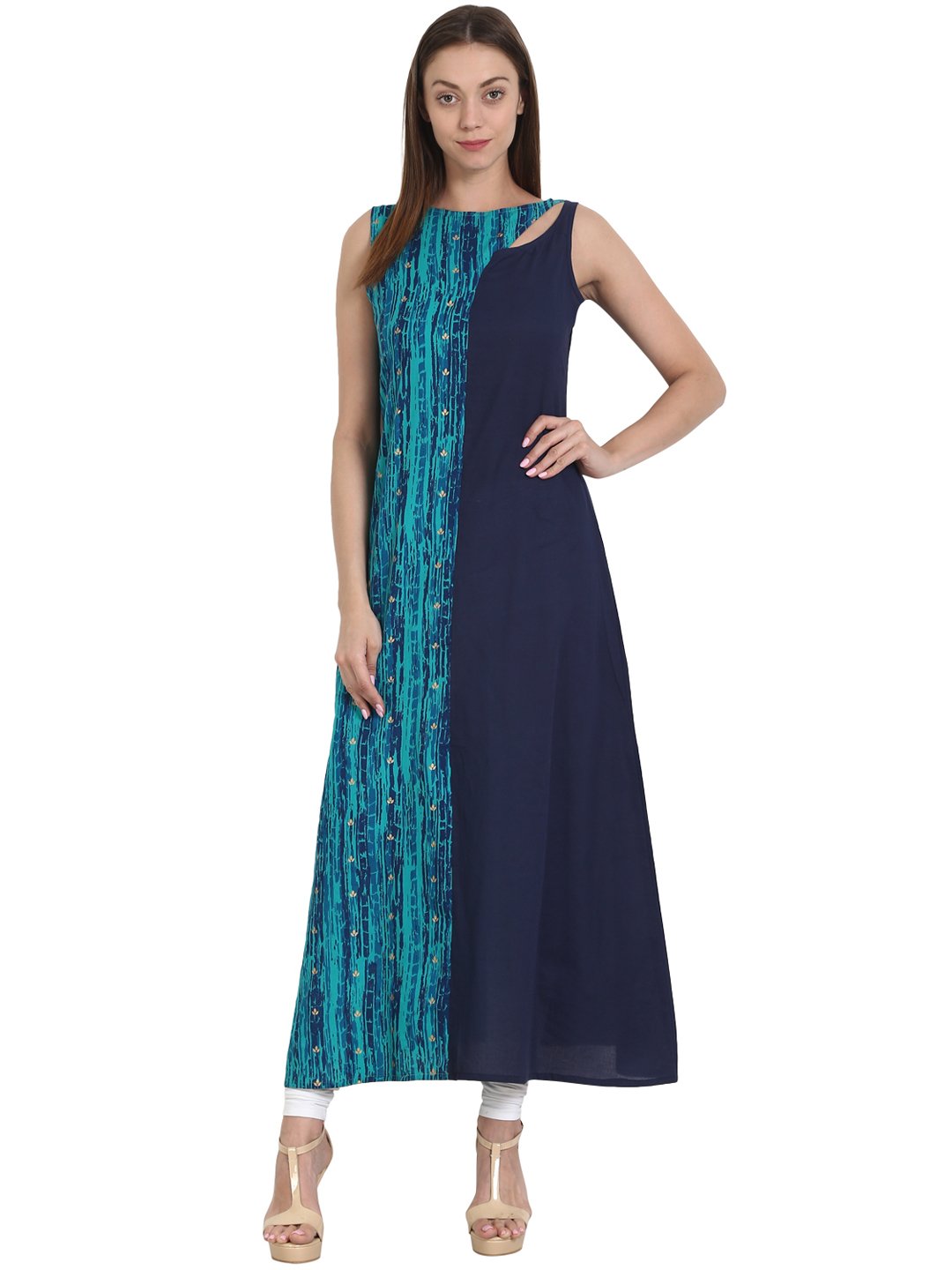 Blue printed sleevless long A-line  cotton kurta | NOZ2TOZ - Made In INDIA.