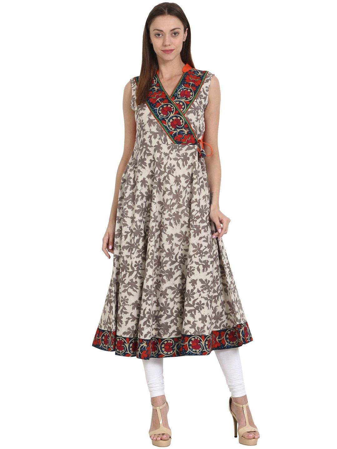 Beige printed sleevless cotton Anarkali kurta | NOZ2TOZ - Made In INDIA.