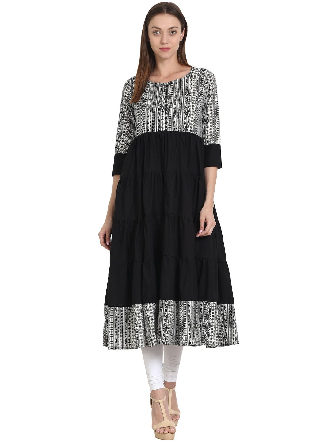 Black & grey printed 3/4 sleeve cotton tiered anarkali kurta | NOZ2TOZ - Made In INDIA.