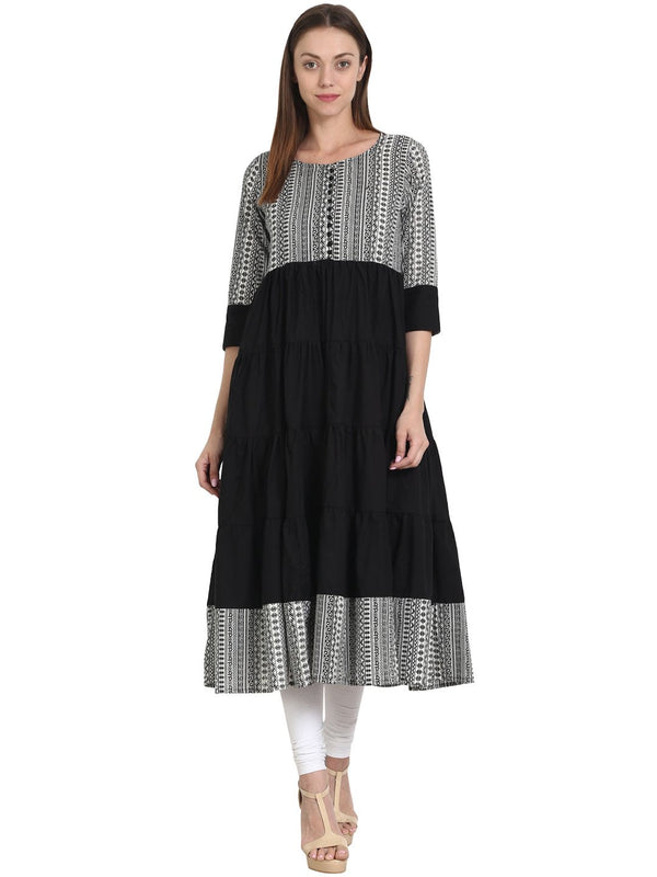 Women Black & grey printed 3/4 sleeve cotton tiered anarkali kurta | NOZ2TOZ - Made In INDIA.