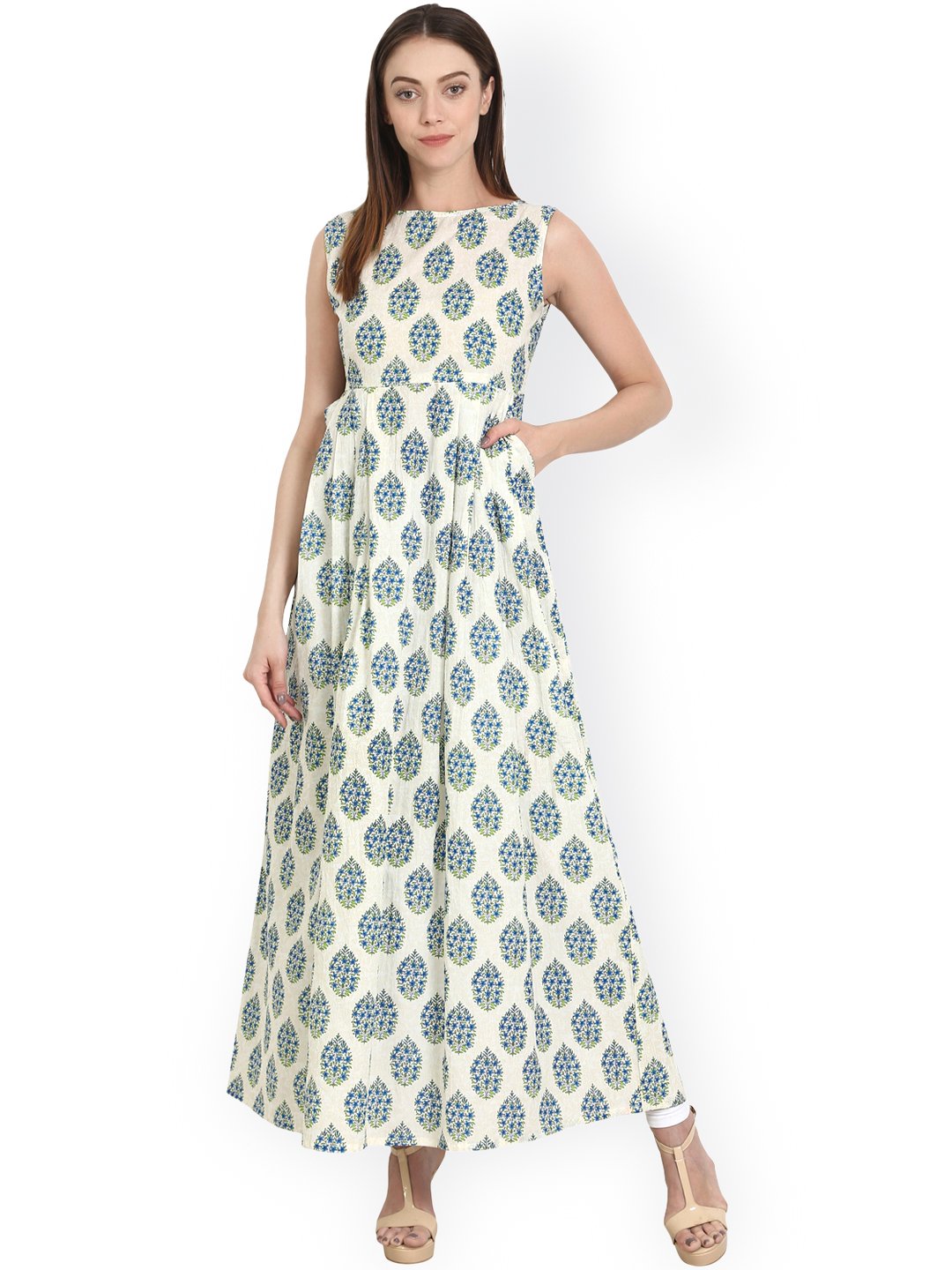 white printed sleevless cotton A-line kurta with side pocket | NOZ2TOZ - Made In INDIA.