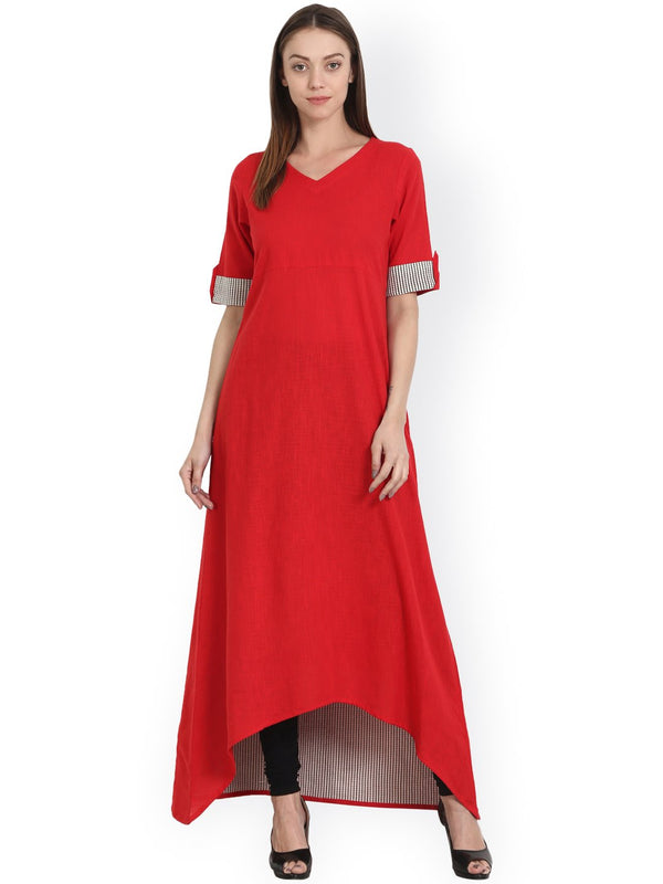 Solid red half sleeve Long cotton slub A-line kurta | NOZ2TOZ - Made In INDIA.