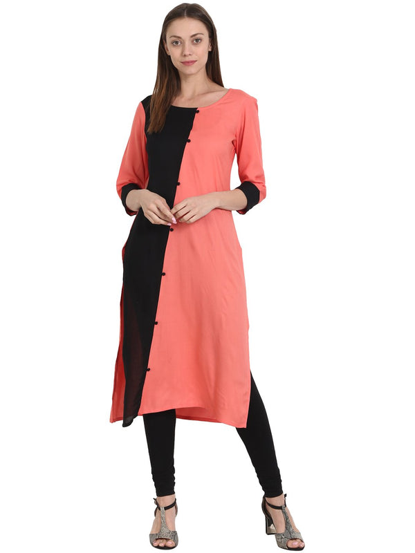 Women Peach & Black 3/4 sleeve rayon kurta | NOZ2TOZ - Made In INDIA.