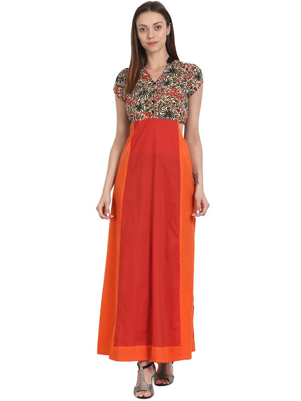 Women Orange printed cap sleeve long cotton kurta | NOZ2TOZ - Made In INDIA.