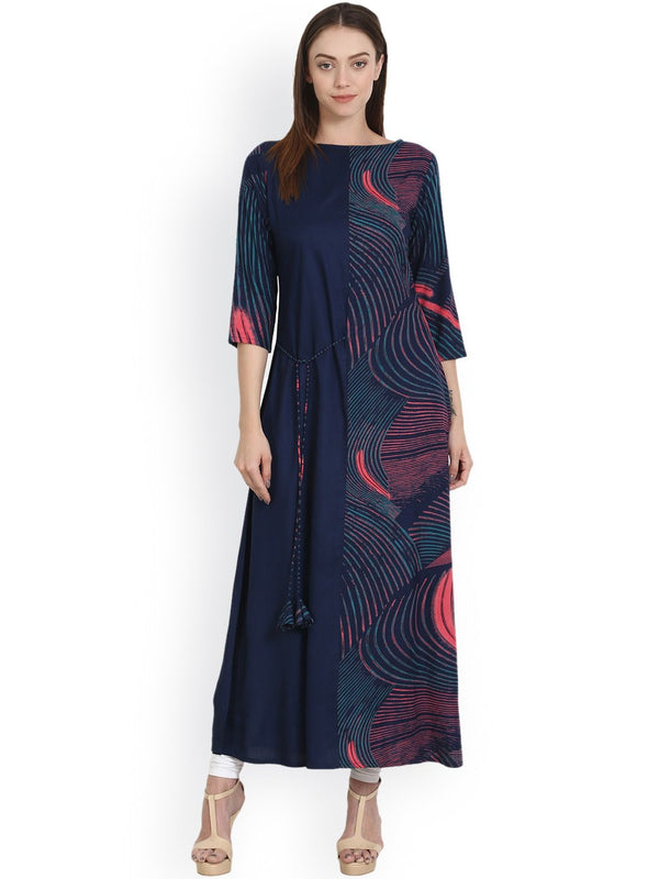 Blue printed 3/4 sleeve rayon long kurta | NOZ2TOZ - Made In INDIA.