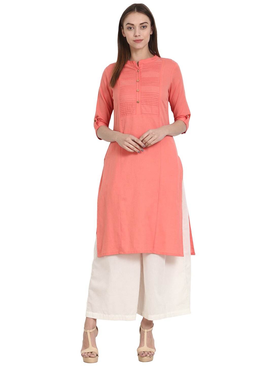 Women peach 3/4 sleeve cotton flux kurta | NOZ2TOZ - Made In INDIA.