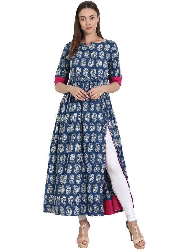 Blue printed 3/4 sleeve cotton Anarkali kurta | NOZ2TOZ - Made In INDIA.