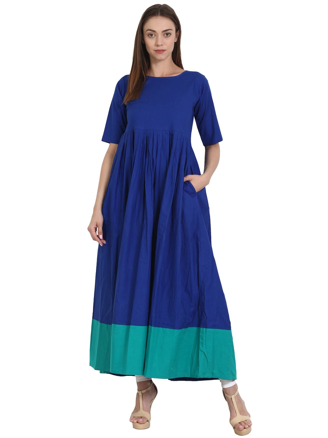 Blue half sleeve cotton long flared kurta | NOZ2TOZ - Made In INDIA.