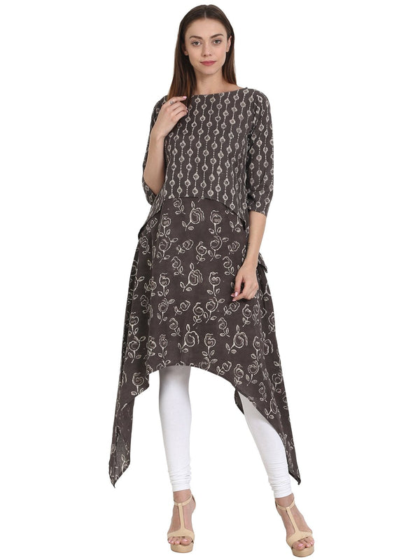 Women Coffee printed 3/4 sleeve cotton assymetric kurta | NOZ2TOZ - Made In INDIA.