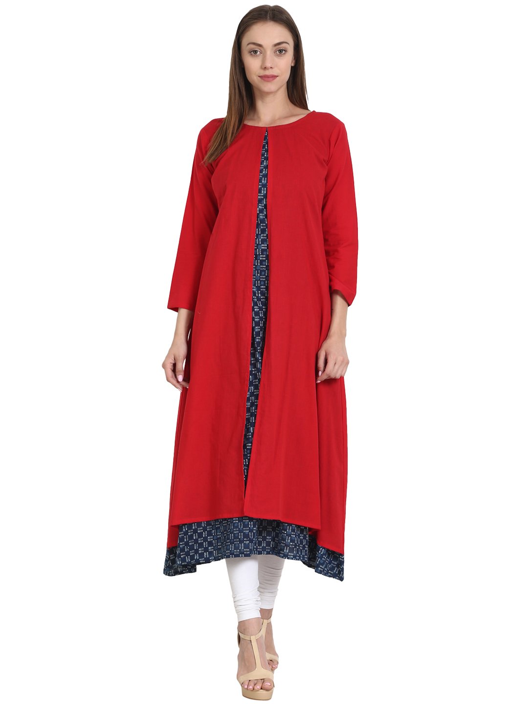 Blue printed 3/4 Sleev A-line cotton kurta with solid red upper layer | NOZ2TOZ - Made In INDIA.