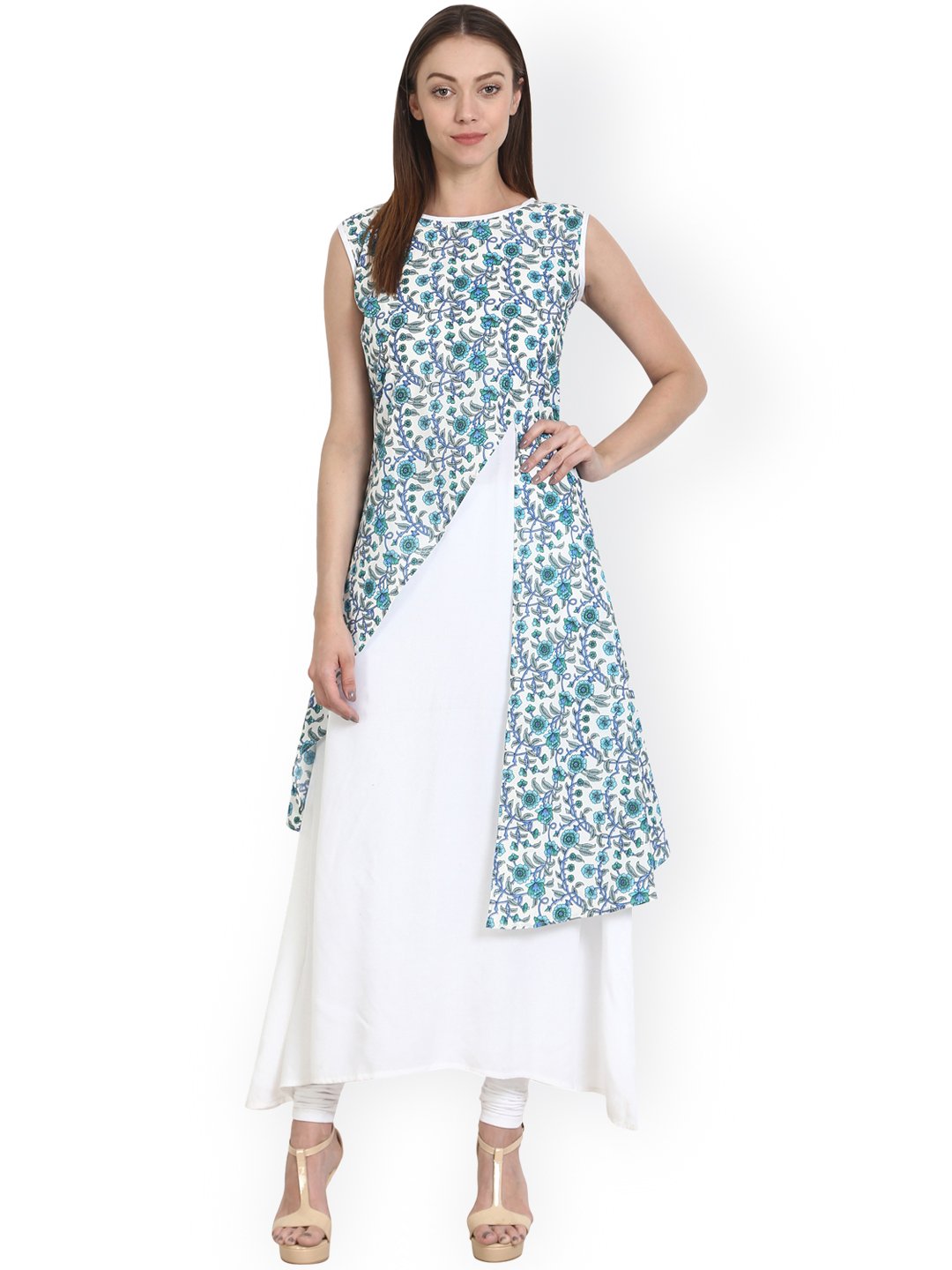 White sleevless A-line kurta with blue printed layer | NOZ2TOZ - Made In INDIA.