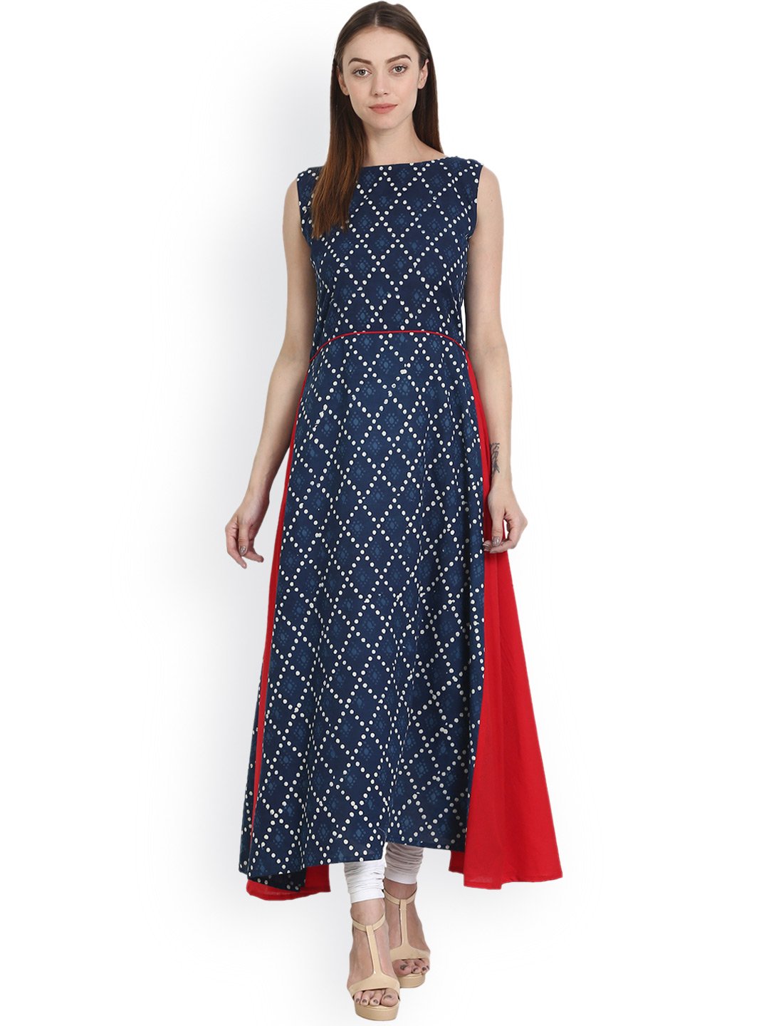 Blue printed sleevless long A-line  cotton kurta | NOZ2TOZ - Made In INDIA.