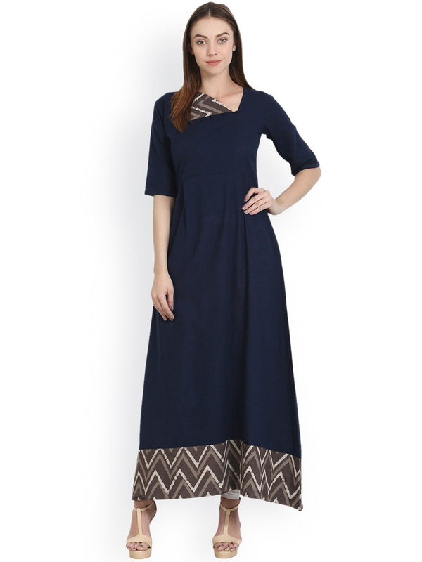 Dark Blue half sleeve long cotton slub kurta | NOZ2TOZ - Made In INDIA.