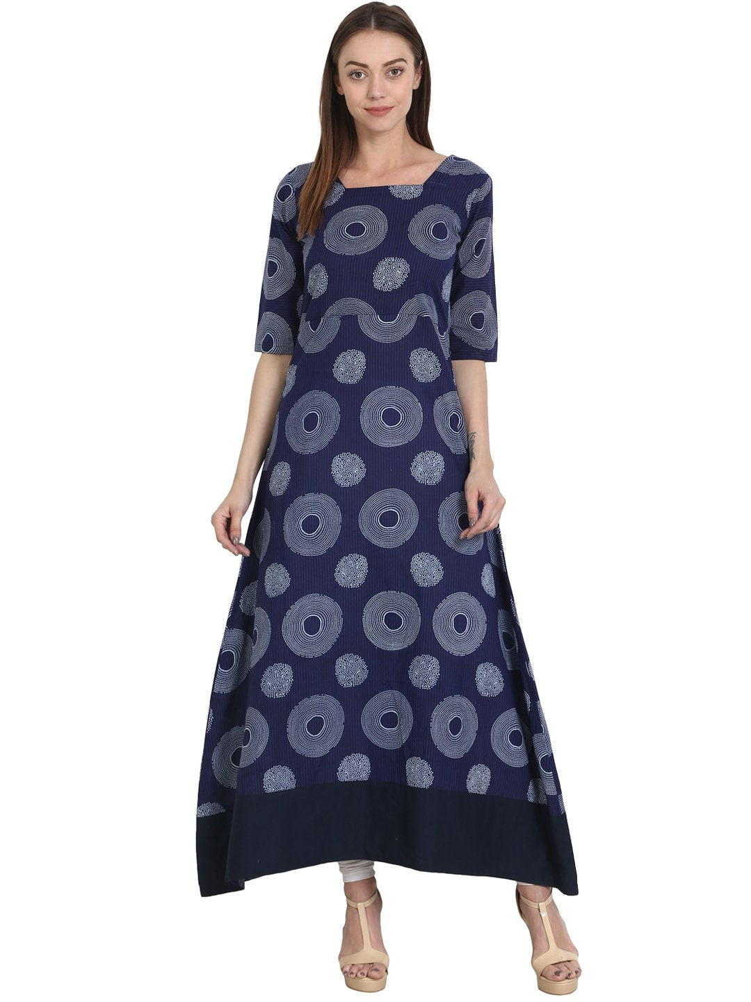 Women Blue printed half sleeve cotton A-line kurta | NOZ2TOZ - Made In INDIA.