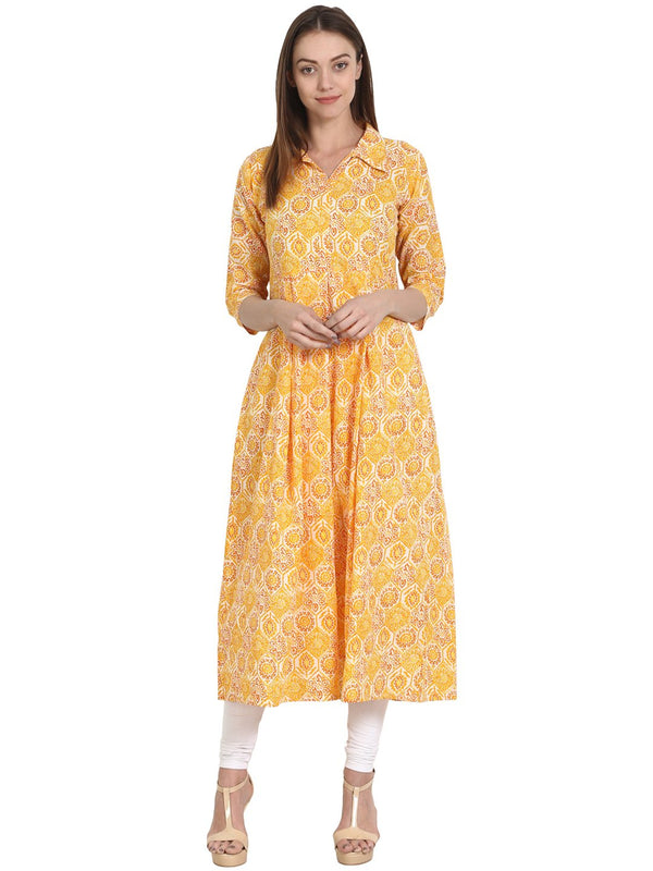 Yellow printed 3/4 sleeve cotton Anarkali Kurta | NOZ2TOZ - Made In INDIA.