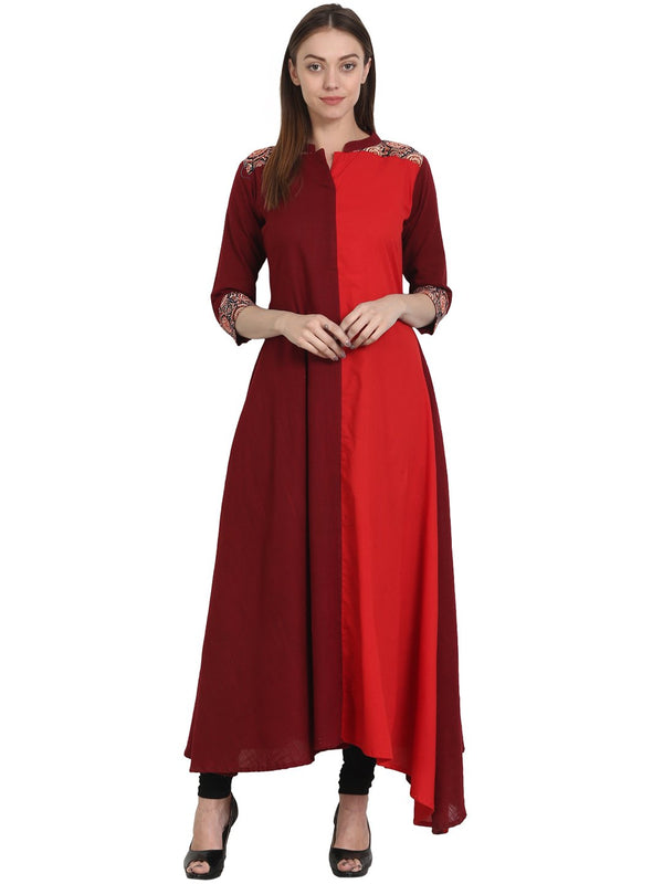 Women Red & Maroon 3/4 sleeve cotton Slub flared kurta | NOZ2TOZ - Made In INDIA.