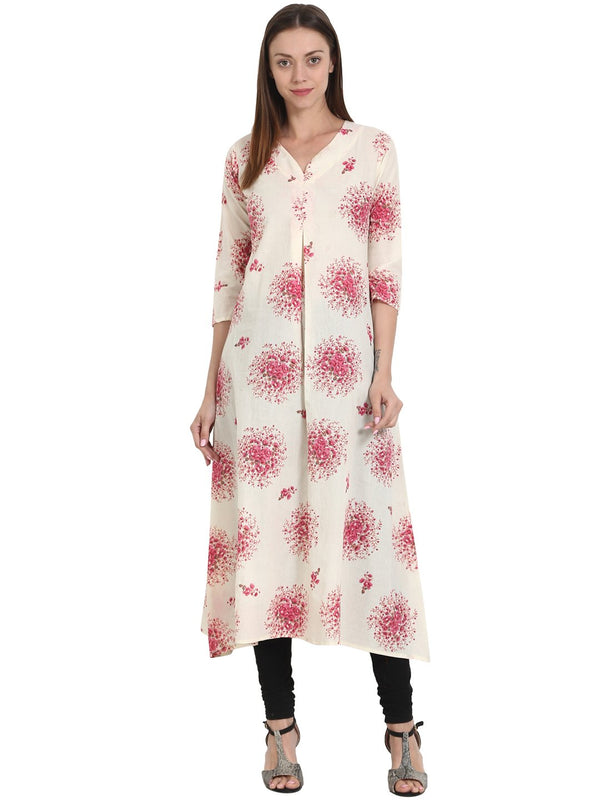 Women Pink & Off white printed 3/4 sleeve cotton kurta | NOZ2TOZ - Made In INDIA.