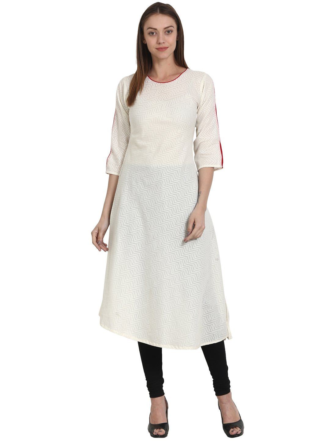 Women Solid White Three-Quarter Sleeves Round Neck Cotton A-Line Kurta | NOZ2TOZ - Made In INDIA.