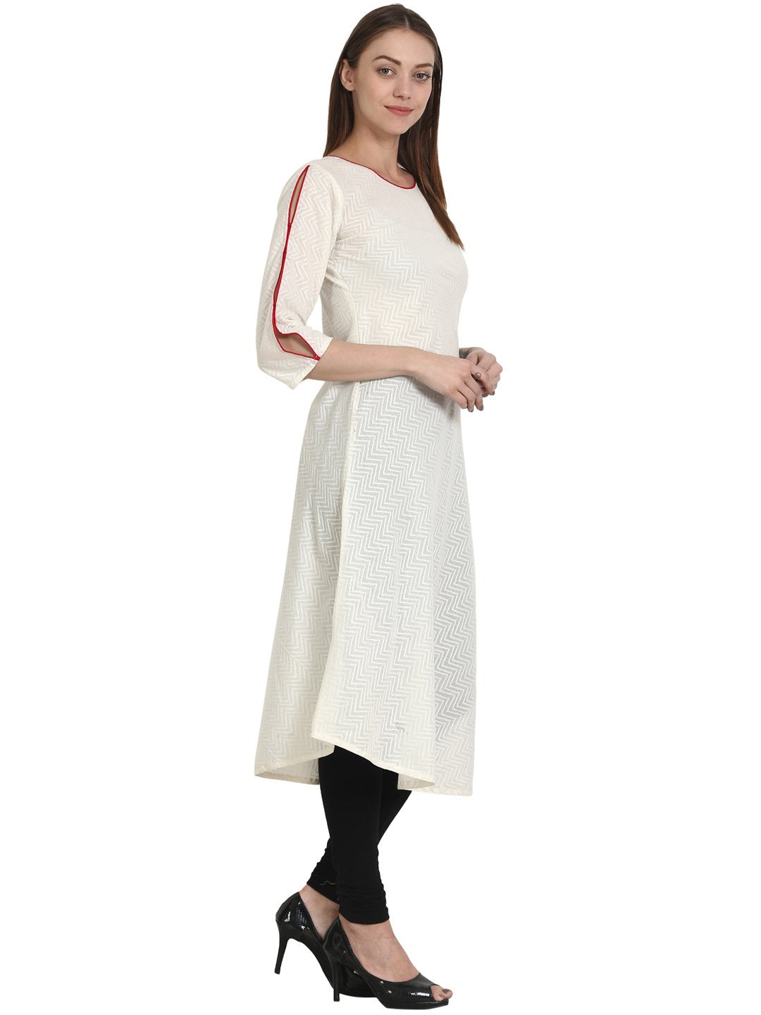 Women Solid White Three-Quarter Sleeves Round Neck Cotton A-Line Kurta | NOZ2TOZ - Made In INDIA.