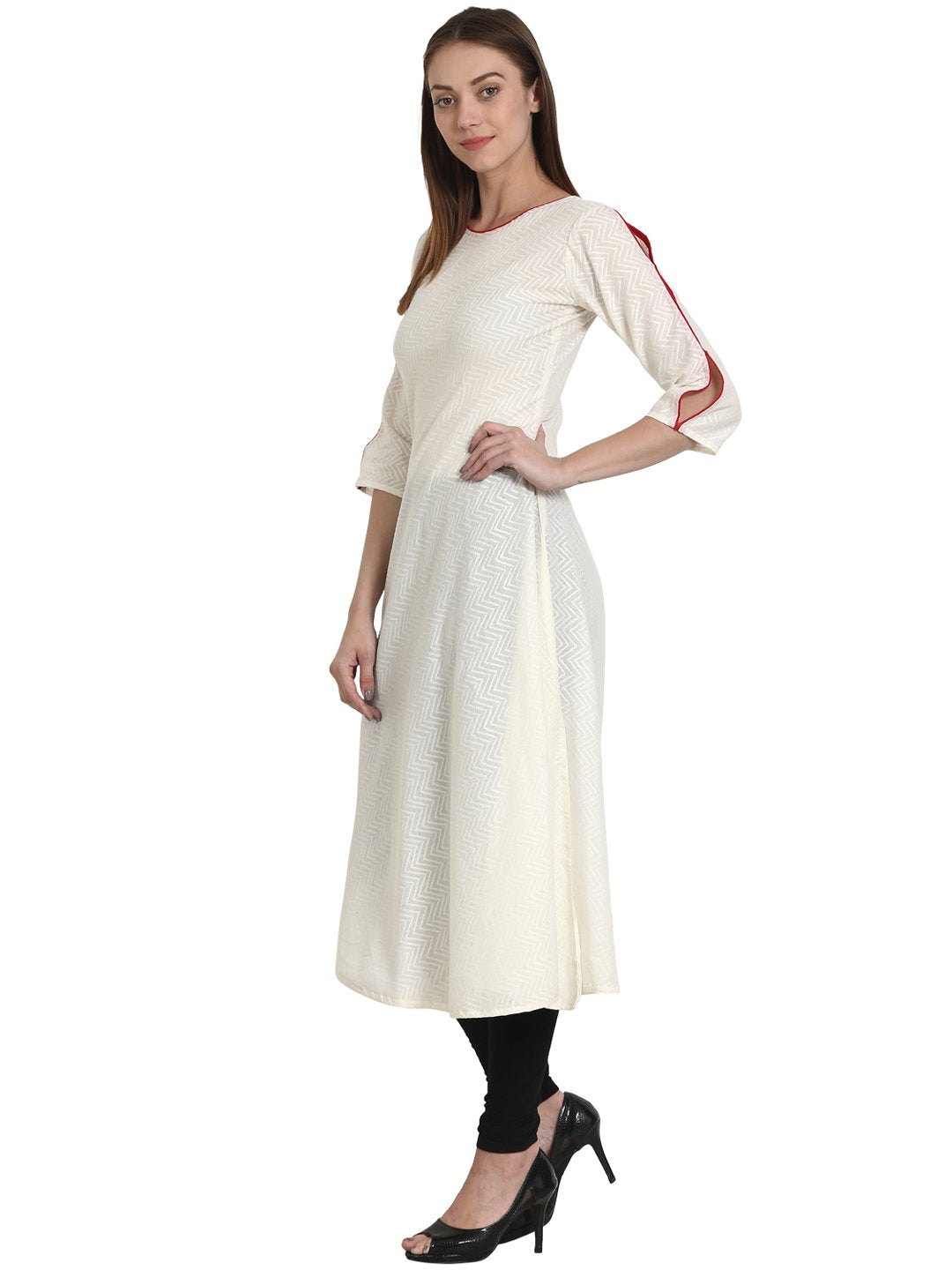 Women Solid White Three-Quarter Sleeves Round Neck Cotton A-Line Kurta | NOZ2TOZ - Made In INDIA.