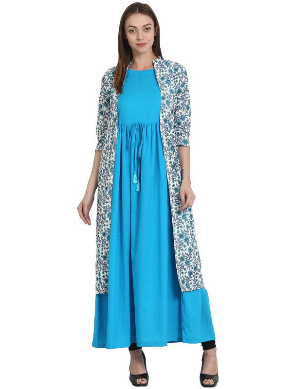 Blue sleevless cotton Anarkali kurta with with blue printed 3/4 sleeve upper layered open kurta | NOZ2TOZ - Made In INDIA.