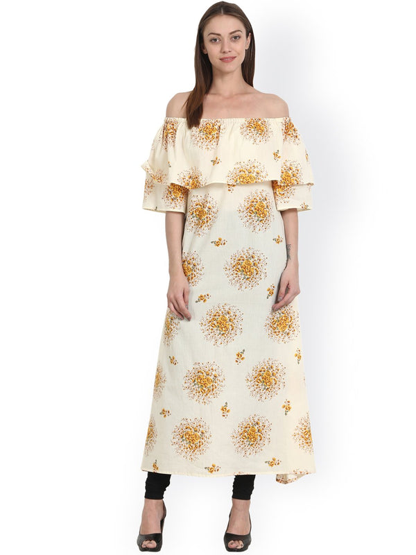 Yellow & Off white printed cowl neck cotton kurta | NOZ2TOZ - Made In INDIA.