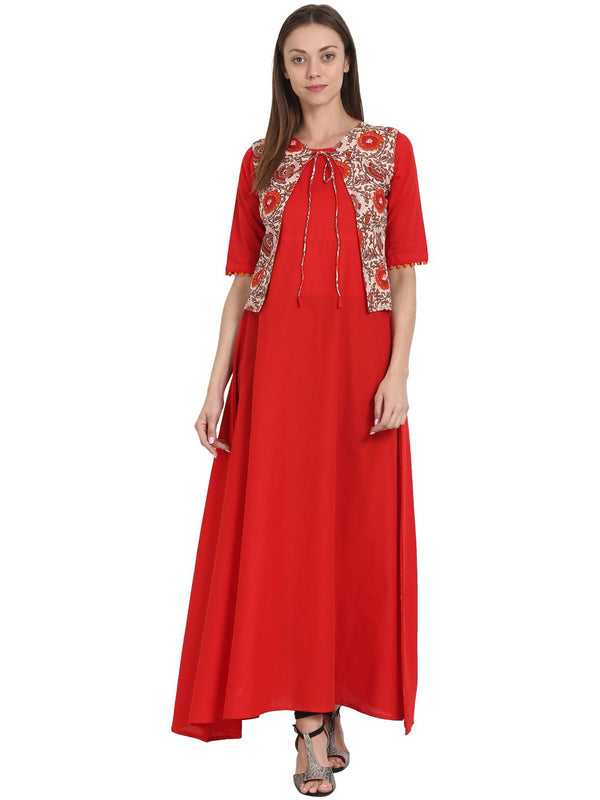 Women Red half sleeve cotton Anarkali long kurta with sleevless printed jacket | NOZ2TOZ - Made In INDIA.