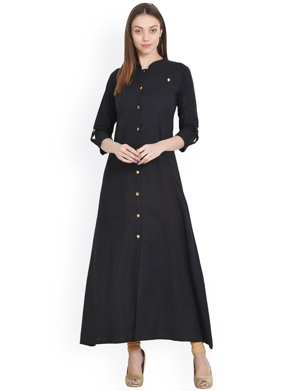 Black 3/4 sleeve cotton A-Line kurta | NOZ2TOZ - Made In INDIA.