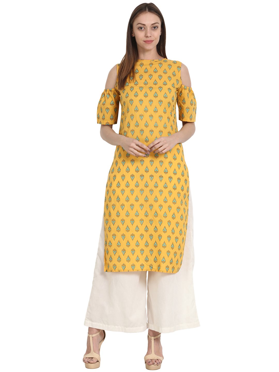 Women Yellow printed half sleeve cotton off shoulder kurta | NOZ2TOZ - Made In INDIA.