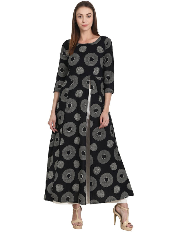 Women Black printed 3/4 sleeve cotton A-line kurta | NOZ2TOZ - Made In INDIA.