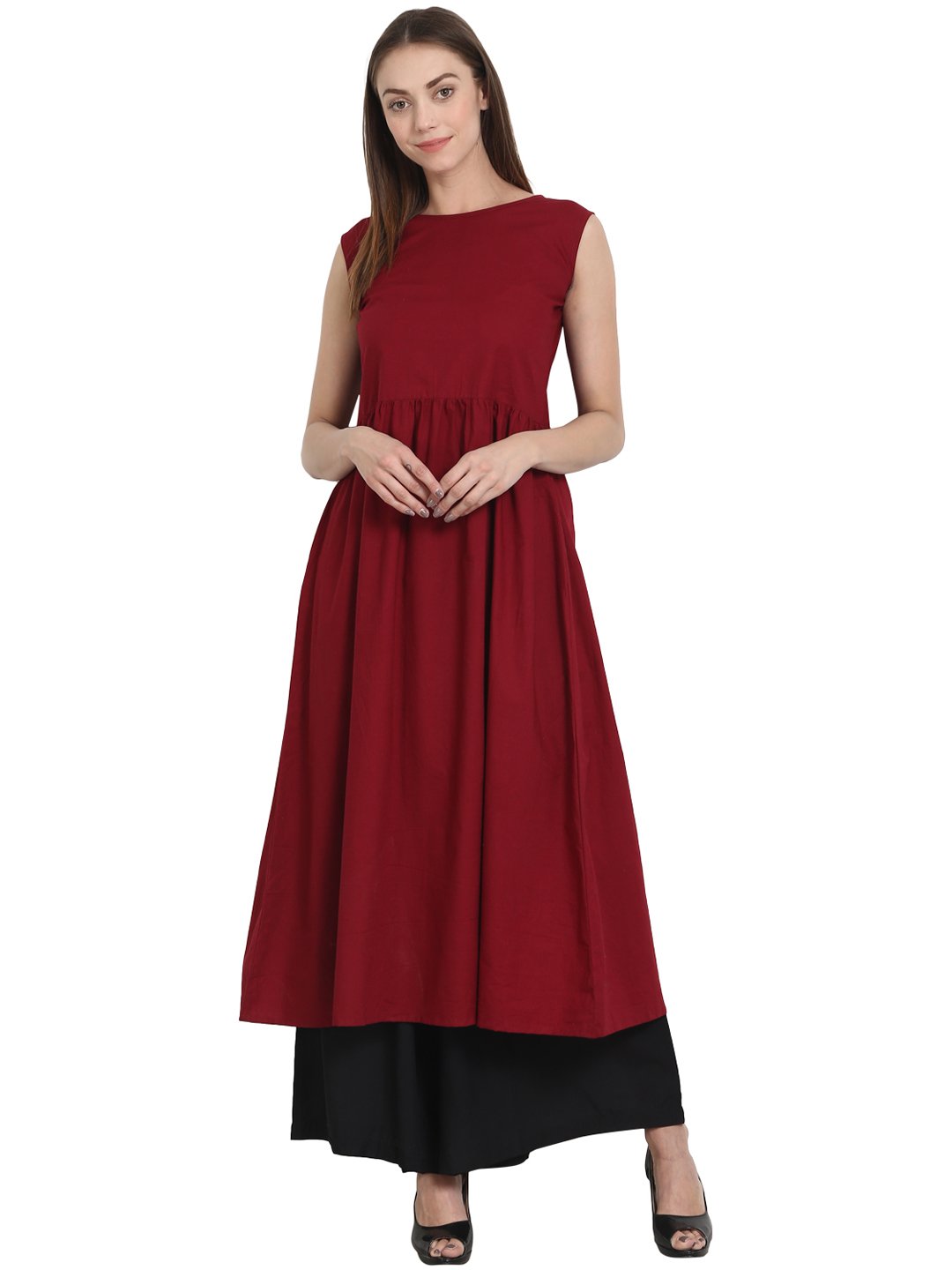 Women Maroon sleevless cotton A-line kurta | NOZ2TOZ - Made In INDIA.