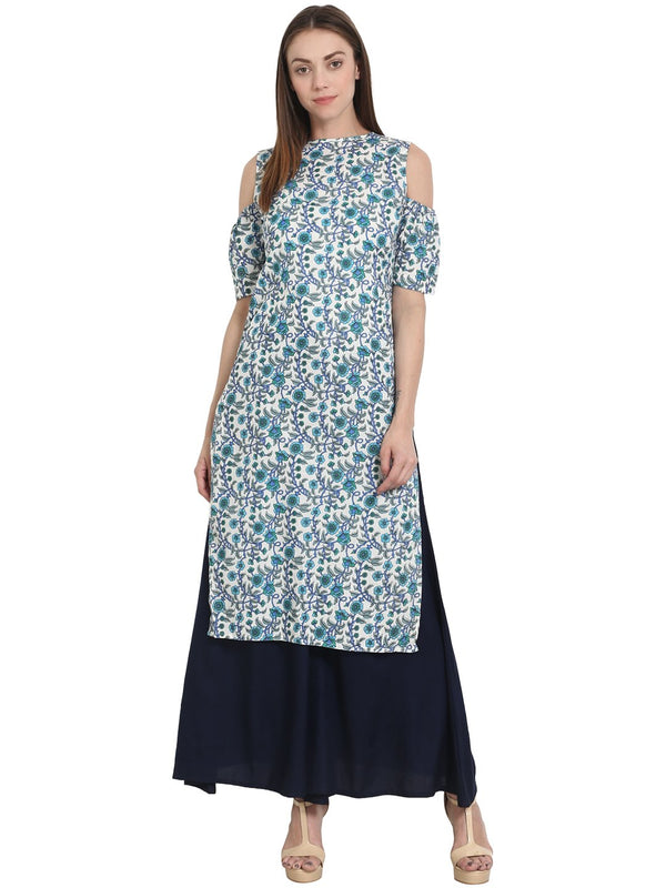 Blue printed off shoulder half sleeve cotton kurta | NOZ2TOZ - Made In INDIA.