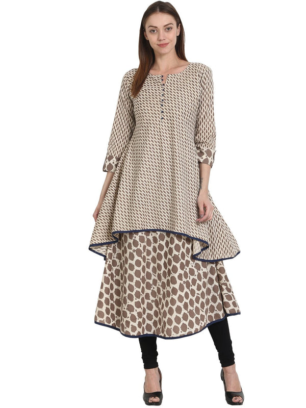 Women Printed Beige Three-Quarter Sleeves Round Neck Cotton A-Line Kurta | NOZ2TOZ - Made In INDIA.