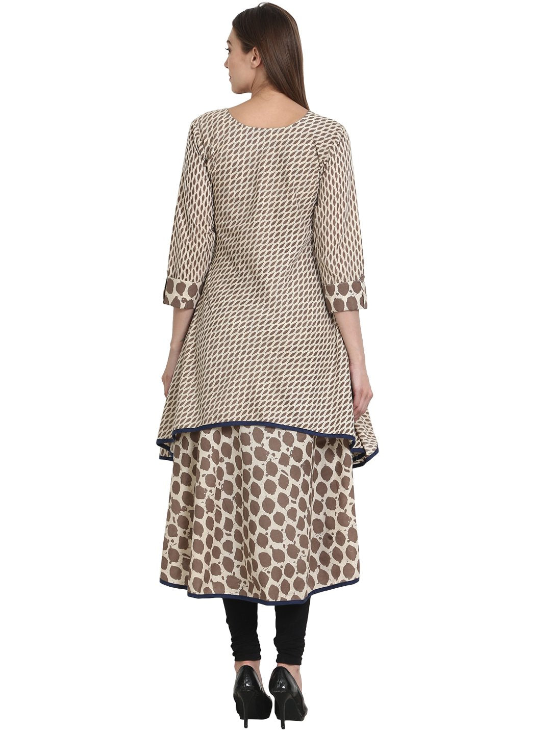 Women Printed Beige Three-Quarter Sleeves Round Neck Cotton A-Line Kurta | NOZ2TOZ - Made In INDIA.